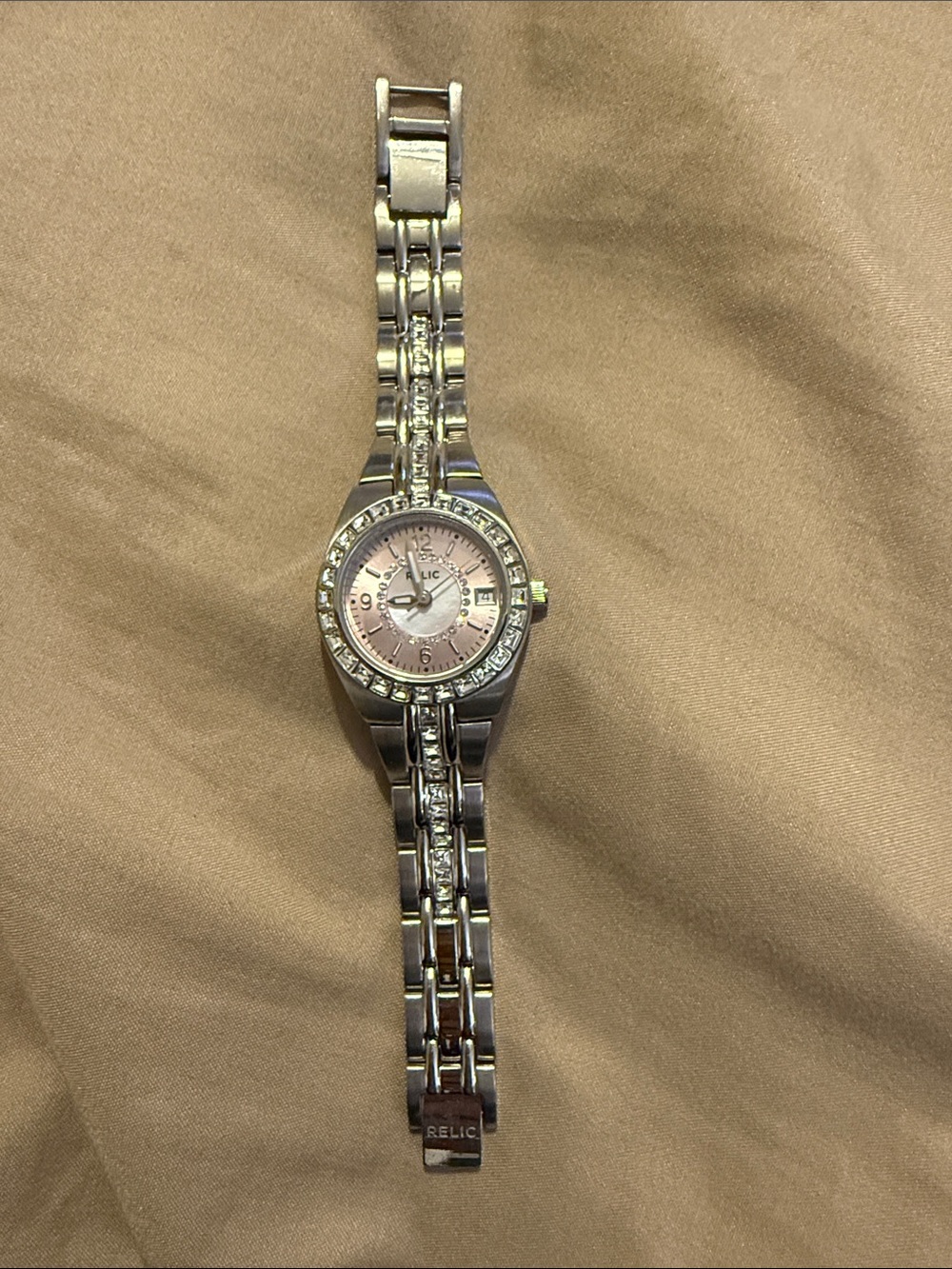 Relic Silver Watch with Pink Crystal-Accent Dial